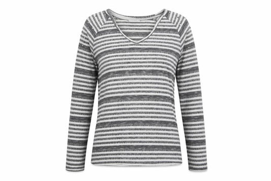 Encuentro Womens Grey V-Neck Striped Polyester Pullover Jumper Size S