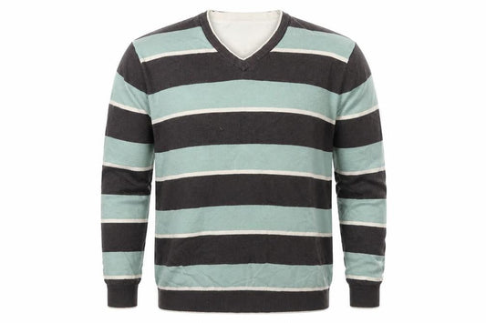 Front view of Atlantic Bay men’s grey v-neck striped cotton jumper, size XL, long sleeve