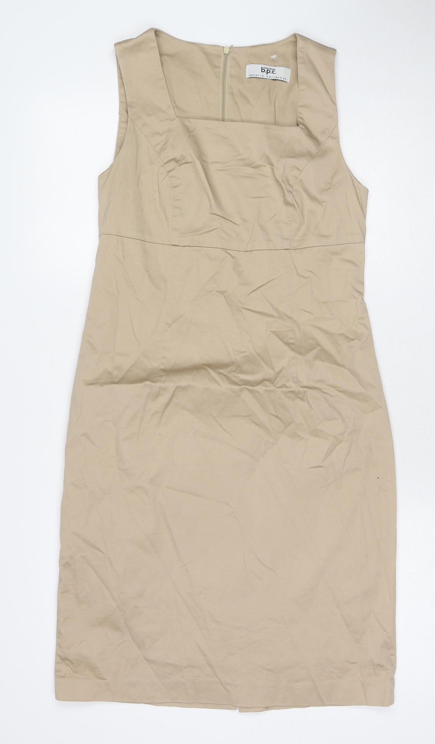bonprix Womens Beige Cotton Shift Size 10 Square Neck Zip