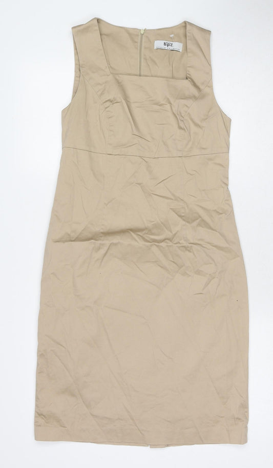 bonprix Womens Beige Cotton Shift Size 10 Square Neck Zip