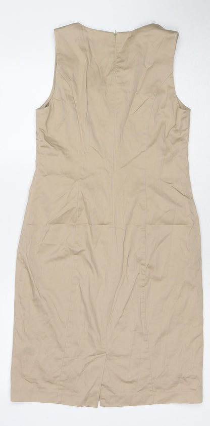 Bonprix Womens Beige Cotton Shift Size 10 Square Neck Zip