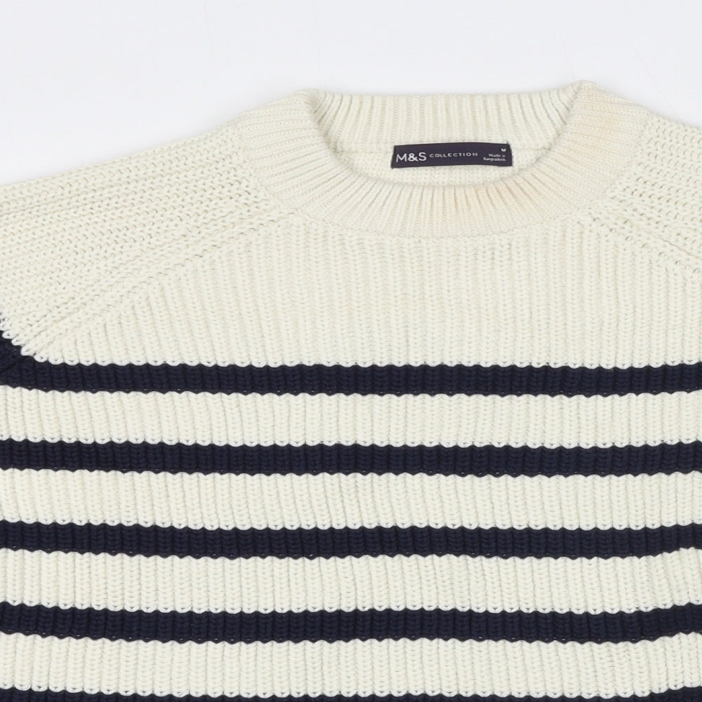 Marks and Spencer Womens Ivory Round Neck Striped Cotton Pullover Jumper Size M