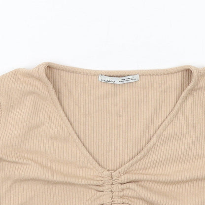 Pull&Bear Womens Beige Viscose Cropped T-Shirt Size M V-Neck - Drawstring