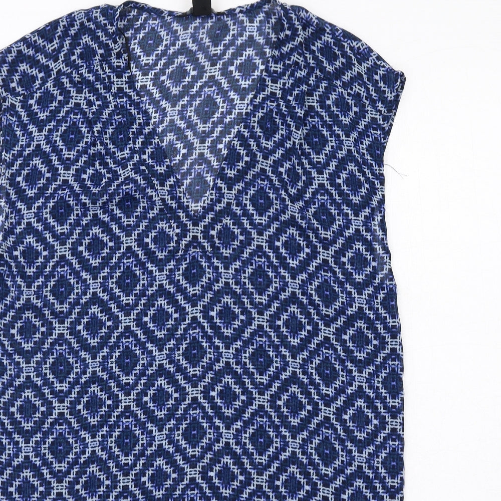 H&M Womens Blue Geometric Polyester A-Line Size 8 V-Neck Pullover
