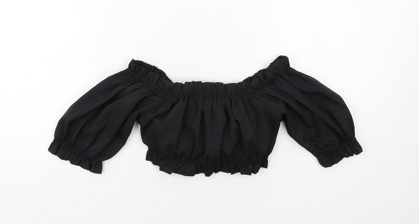 PRETTYLITTLETHING Womens Black Polyester Cropped Blouse Size 10 Off the Shoulder - Tie Front Detail