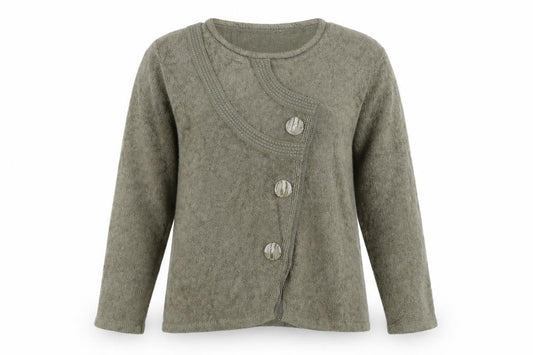 Front view of Roman women’s green round neck acrylic cardigan jumper, size M