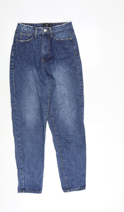 Additional front view of Missguided women’s blue cotton mom jeans, size UK 6, regular zip - high rise