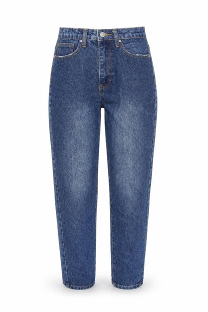 Front view of Missguided women’s blue cotton mom jeans, size UK 6, regular zip - high rise