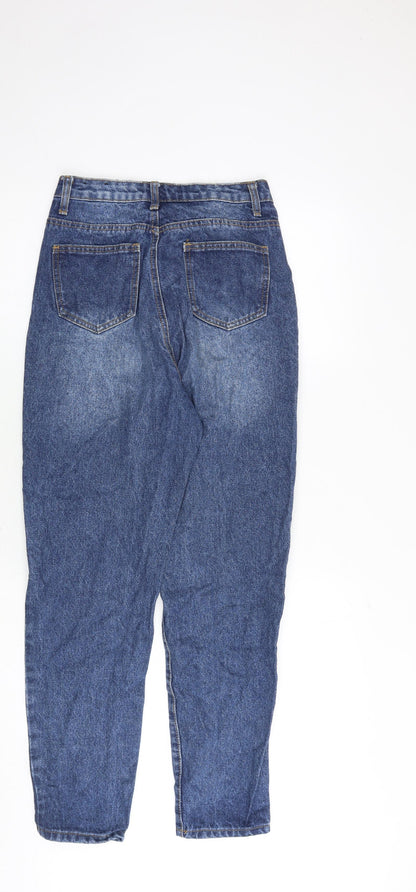 Back view of Missguided women’s blue cotton mom jeans, size UK 6, regular zip - high rise