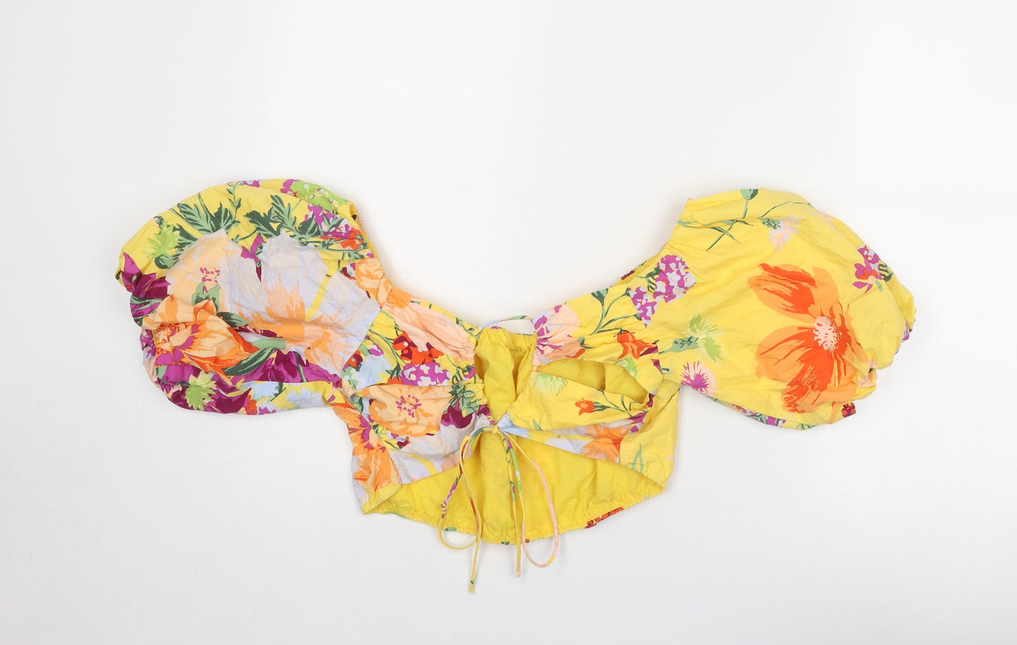 H&M Womens Multicoloured Floral Lyocell Cropped Blouse Size M Off the Shoulder - Puff Sleeve