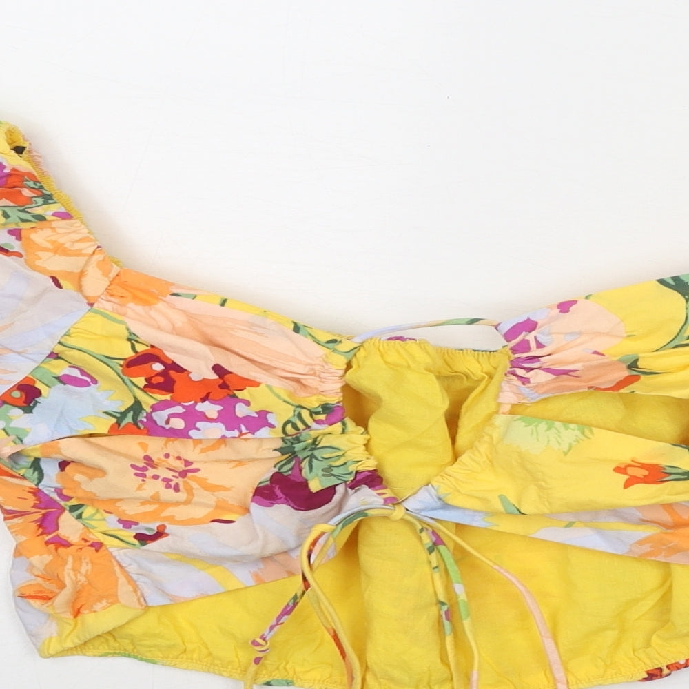 H&M Womens Multicoloured Floral Lyocell Cropped Blouse Size M Off the Shoulder - Puff Sleeve