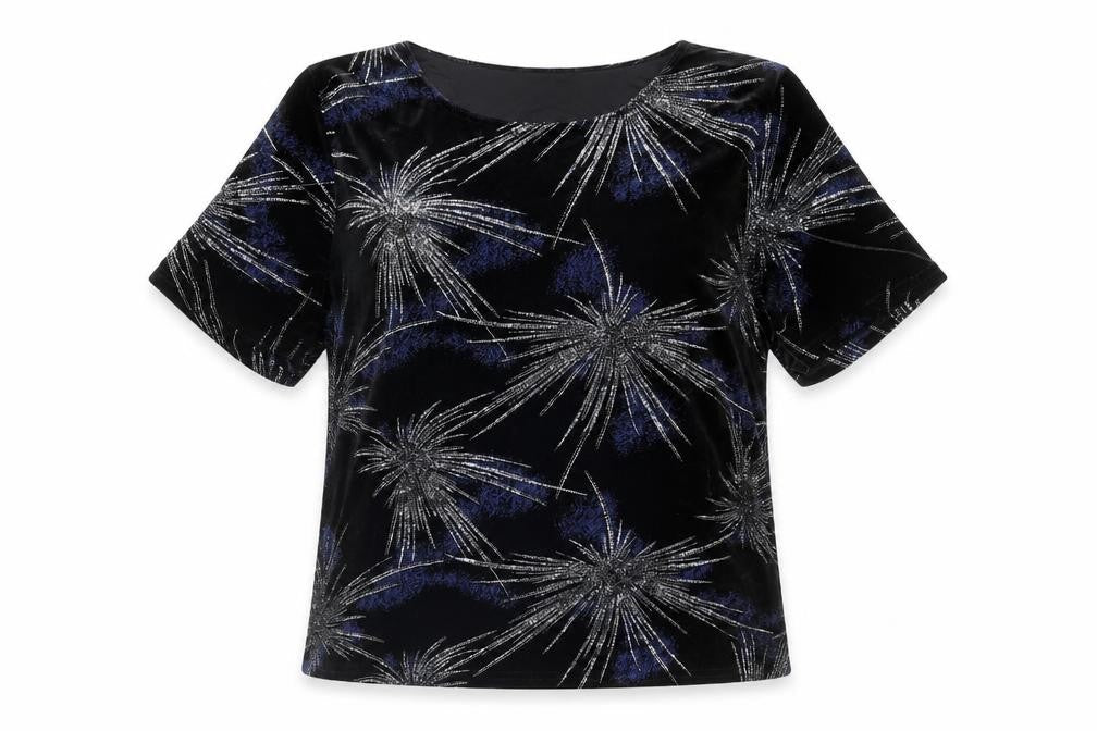 Bonmarché Womens Black Geometric Polyester Basic T-Shirt Size L Boat Neck