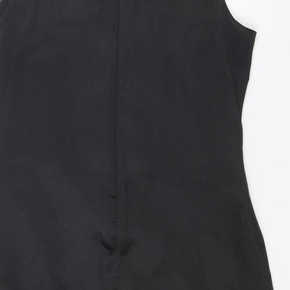 Brand and care label for Miss Selfridge women’s black polyester shift, size UK 14, round neck zip