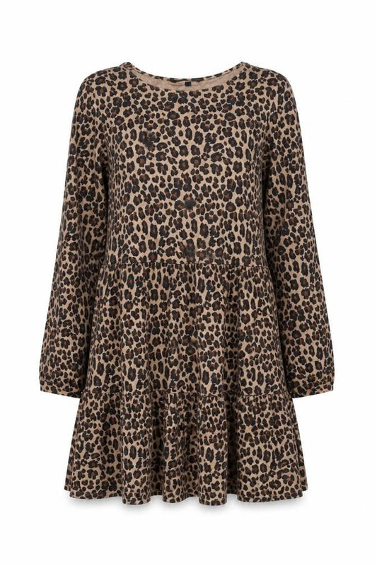 Next Womens Brown Animal Print Viscose Skater Dress Size S Round Neck Pullover - Leopard pattern