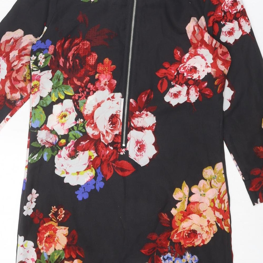 New Look Womens Black Floral Polyester A-Line Size 6 Round Neck Zip