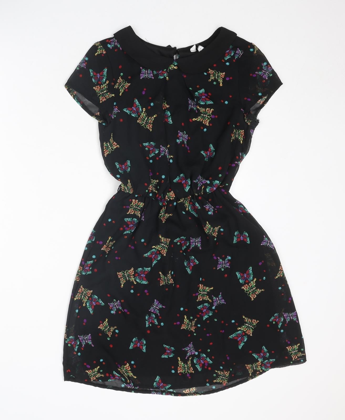 New Look Womens Black Geometric Polyester A-Line Size 8 Collared Button - Butterfly Pattern