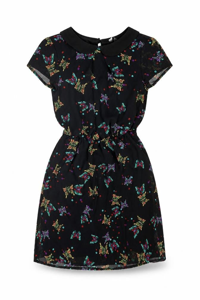 New Look Womens Black Geometric Polyester A-Line Size 8 Collared Button - Butterfly Pattern