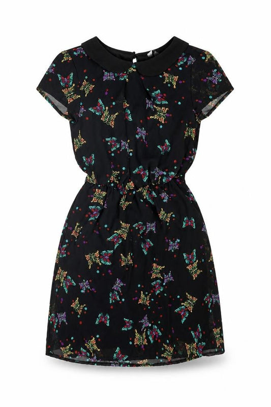 New Look Womens Black Geometric Polyester A-Line Size 8 Collared Button - Butterfly Pattern