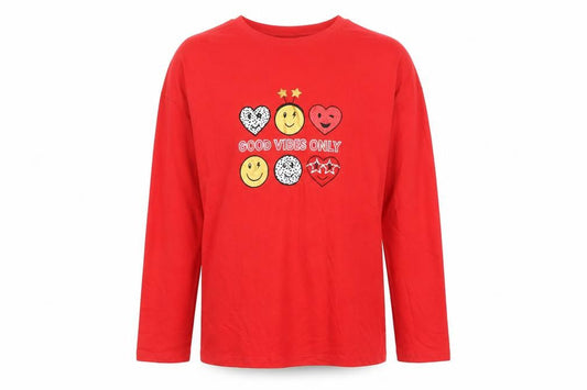 Front view of Marks & Spencer girls’ red 100% cotton pullover t-shirt, years round neck pullover - good vibes only