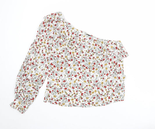 New Look Womens White Floral 100% Cotton Basic Blouse Size 14 One Shoulder