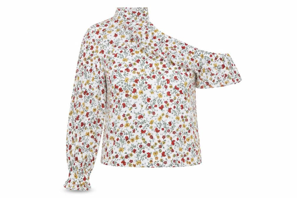 New Look Womens White Floral 100% Cotton Basic Blouse Size 14 One Shoulder