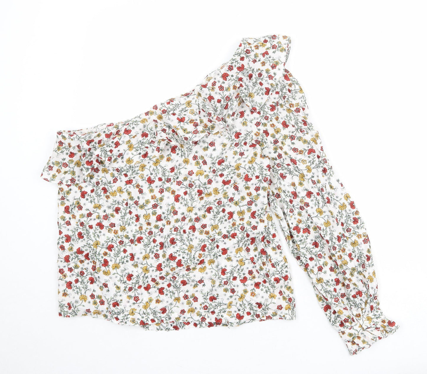 New Look Womens White Floral 100% Cotton Basic Blouse Size 14 One Shoulder