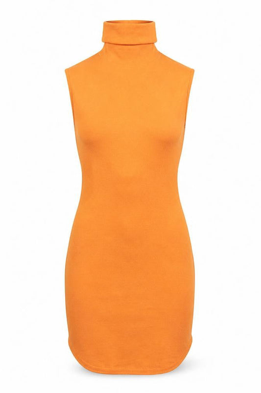 Front view of Missguided women’s orange polyester bodycon, size UK 8, halter button