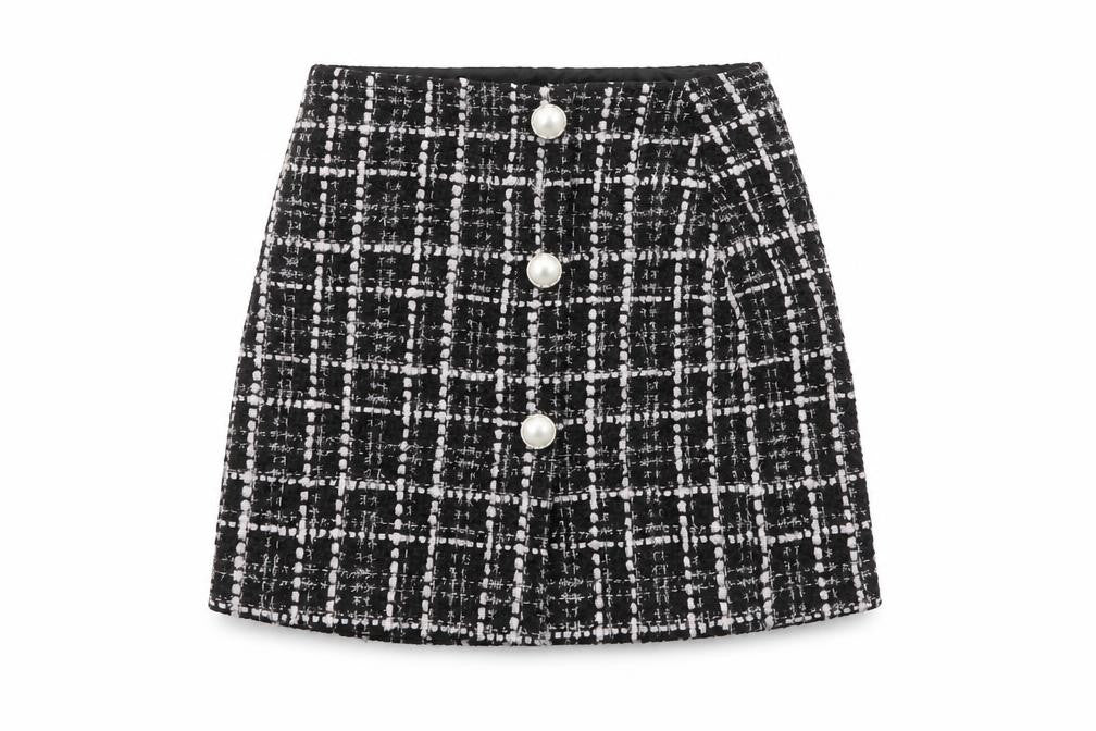 Miss Selfridge Womens Black Plaid Polyester A-Line Skirt Size 6 Button