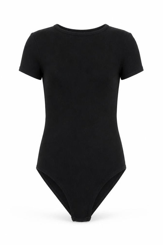 Front view of Miss Selfridge women’s black polyester bodysuit one-piece, size UK 6, snap