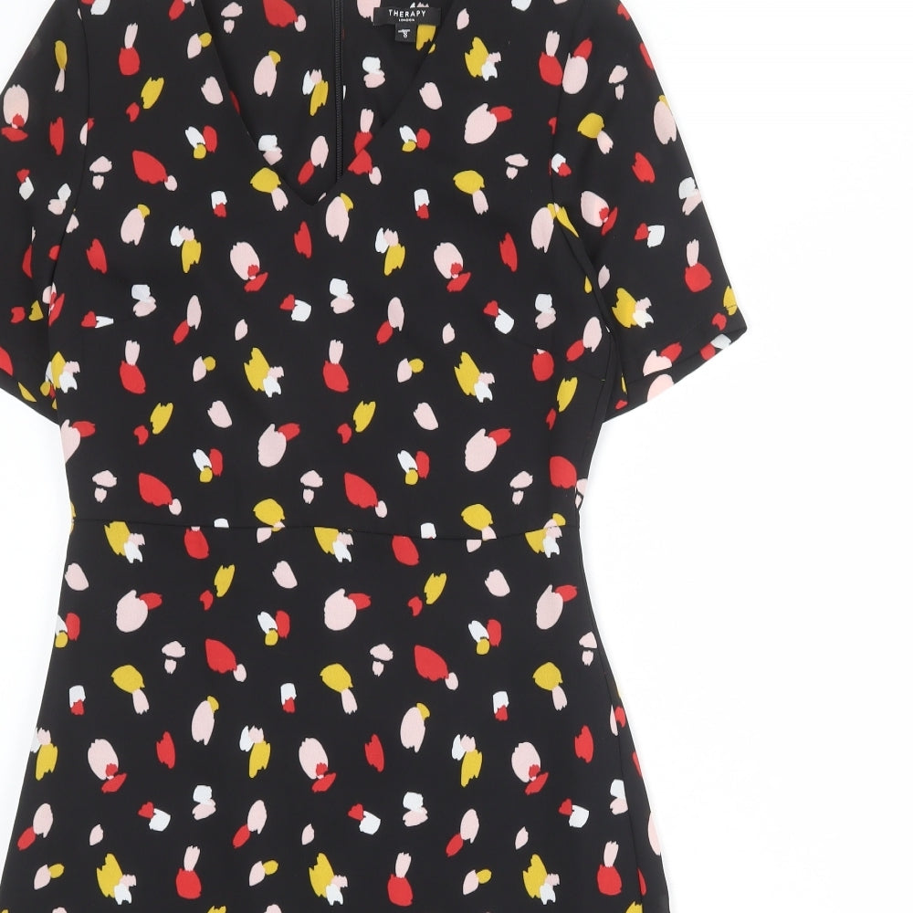 Therapy Womens Black Geometric Polyester Skater Dress Size 8 V-Neck Zip