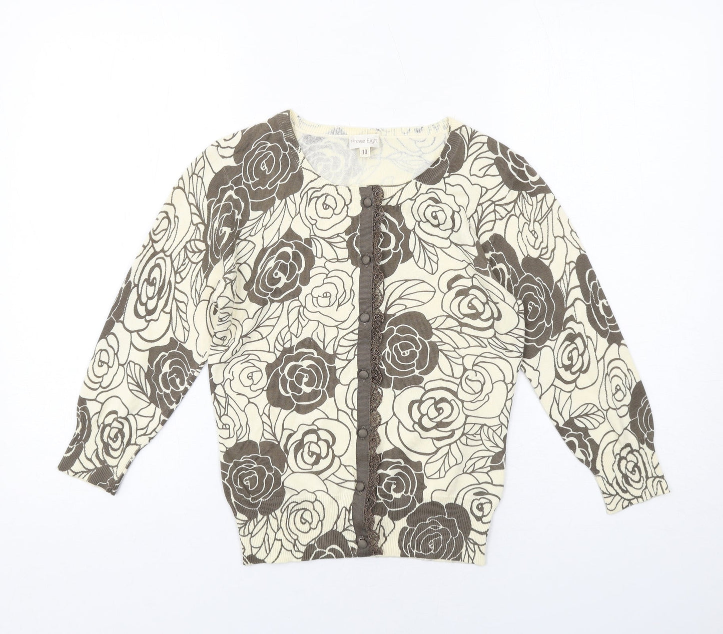 Phase Eight Womens Ivory Round Neck Floral Cotton Cardigan Jumper Size 10