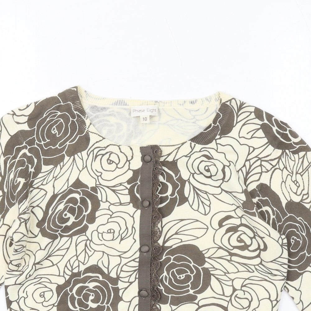 Phase Eight Womens Ivory Round Neck Floral Cotton Cardigan Jumper Size 10