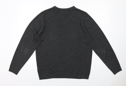 Marks & Spencer Mens Grey V-Neck Acrylic Pullover Jumper Size L Long Sleeve