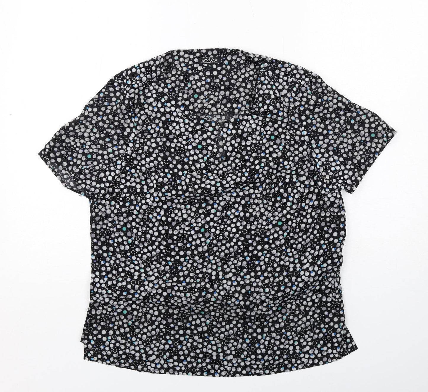 Vortex Womens Black Geometric Polyester Basic Blouse Size 12 Round Neck