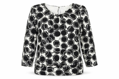 Front view of Roman women’s black geometric viscose basic blouse, size UK 10, round neck