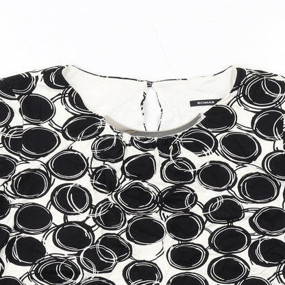 Close-up detail of Roman women’s black geometric viscose basic blouse, size UK 10, round neck