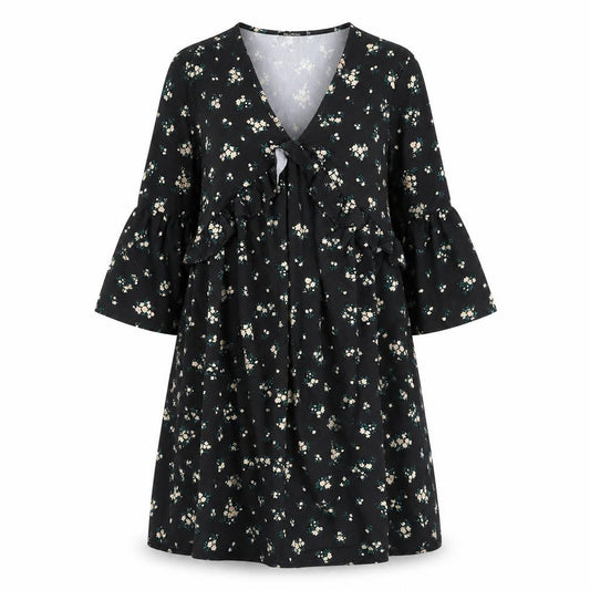 Boohoo Womens Black Floral Polyester A-Line Size 10 V-Neck - Flute Sleeve