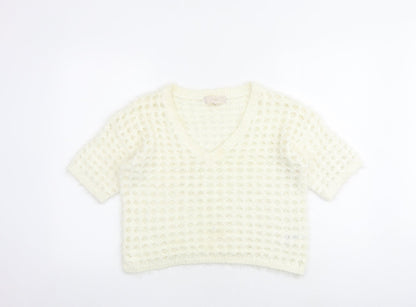 Next Womens White V-Neck Nylon Pullover Jumper Size M - Cropped
