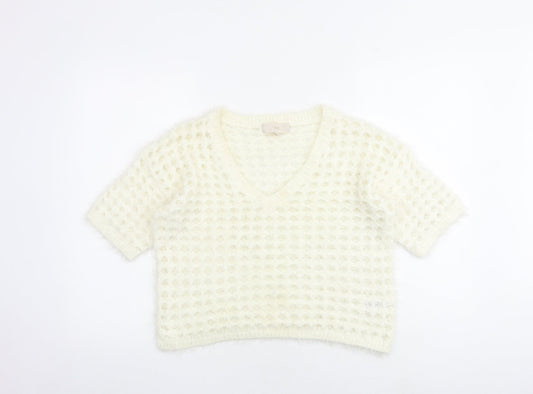 NEXT Womens White V-Neck Nylon Pullover Jumper Size M - Cropped