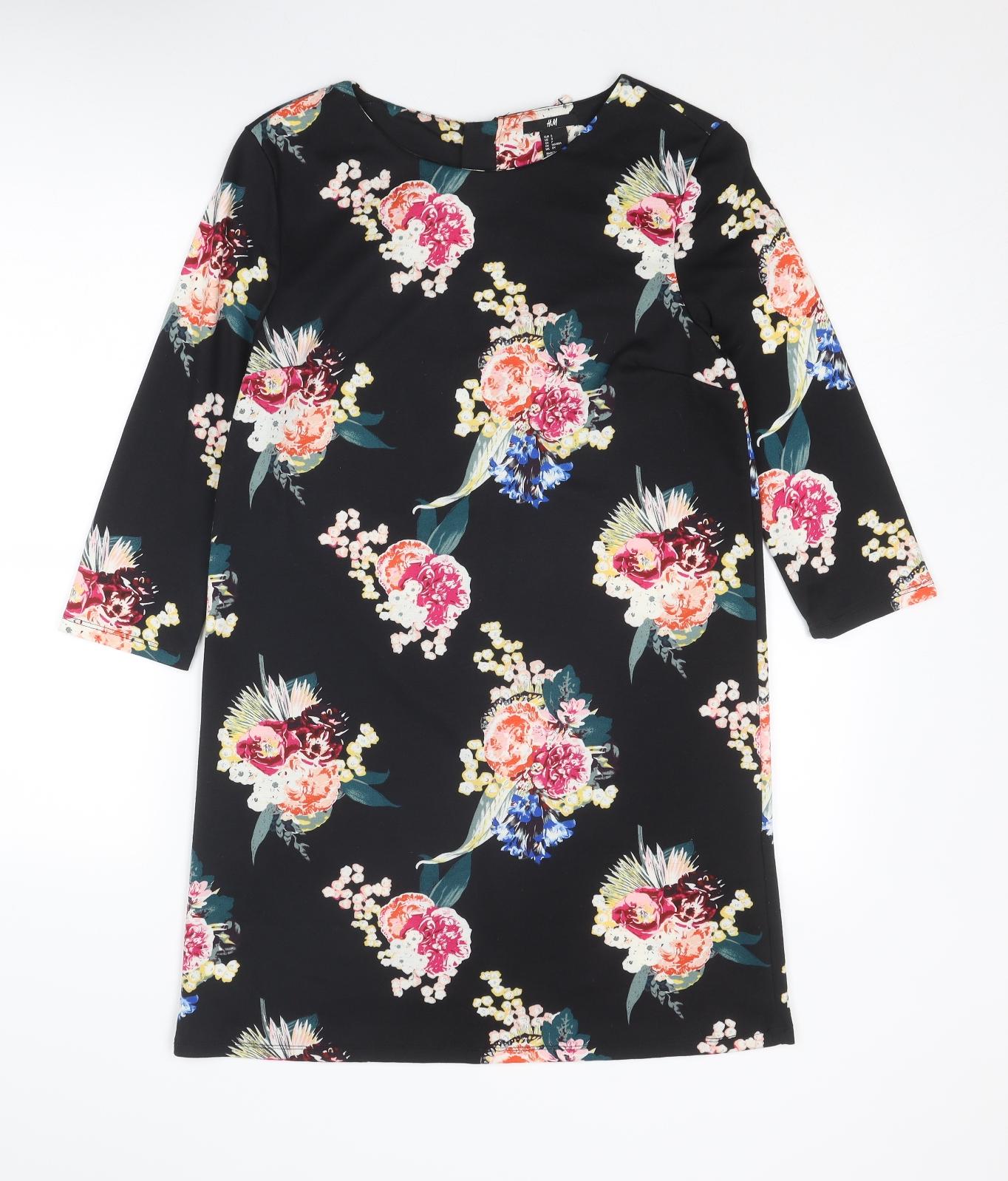 H&M Womens Black Floral Cotton Shift Size S Boat Neck Zip