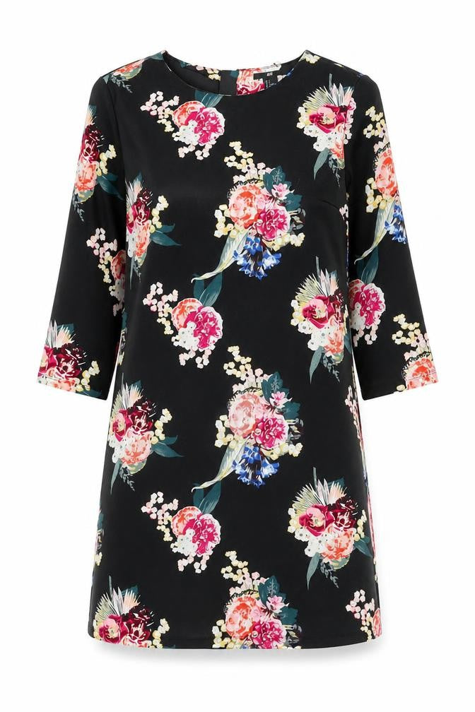 H&M Womens Black Floral Cotton Shift Size S Boat Neck Zip