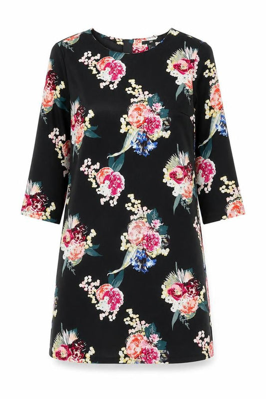 H&M Womens Black Floral Cotton Shift Size S Boat Neck Zip