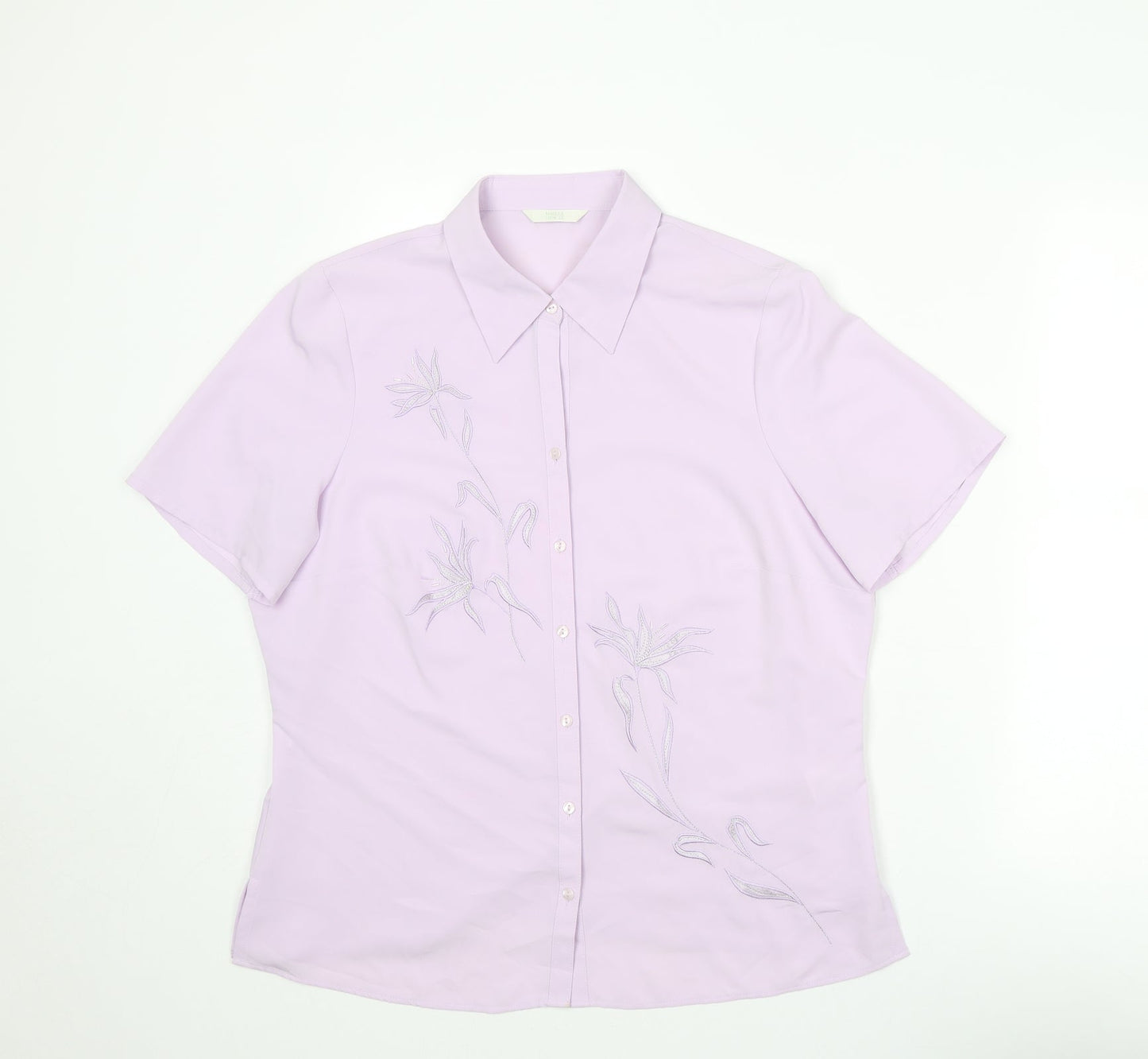 Marks and Spencer Womens Purple Polyester Basic Button-Up Size 16 Collared - Floral Detail