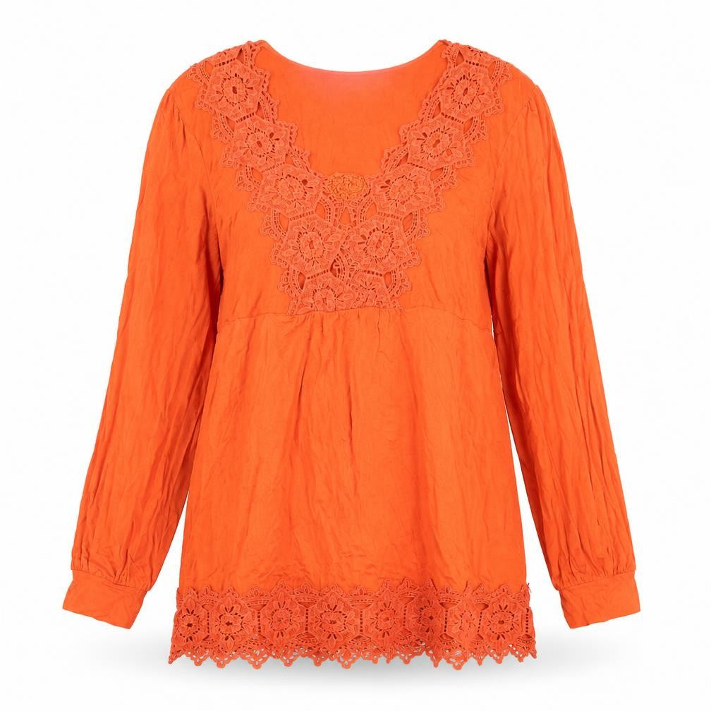 Wallis Womens Orange Viscose Tunic Blouse Size M V-Neck - Crocheted Lace Detail