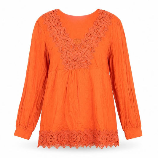 Wallis Womens Orange Viscose Tunic Blouse Size M V-Neck - Crocheted Lace Detail