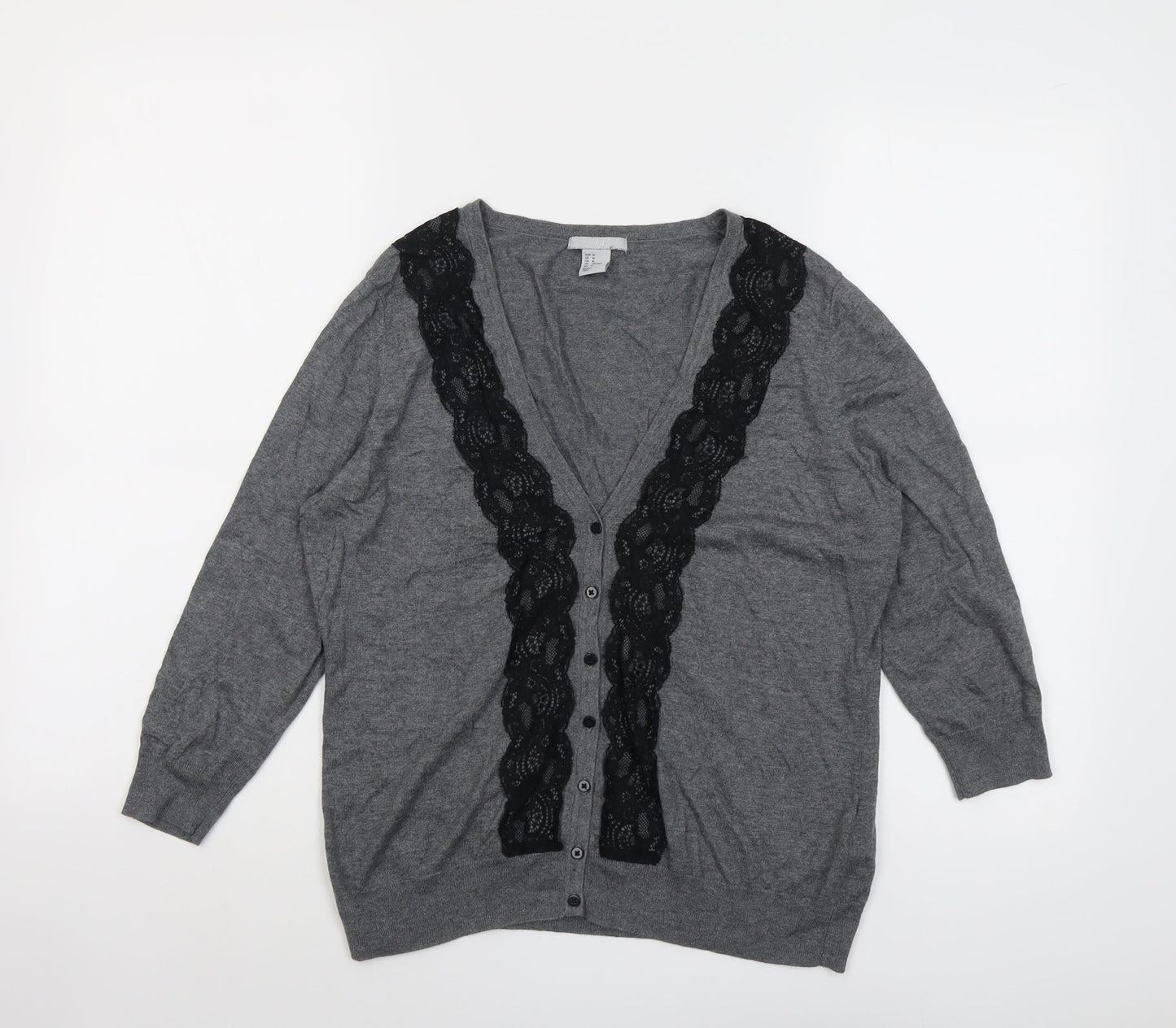 H&M Womens Grey V-Neck Modal Cardigan Jumper Size M - Lace Trim