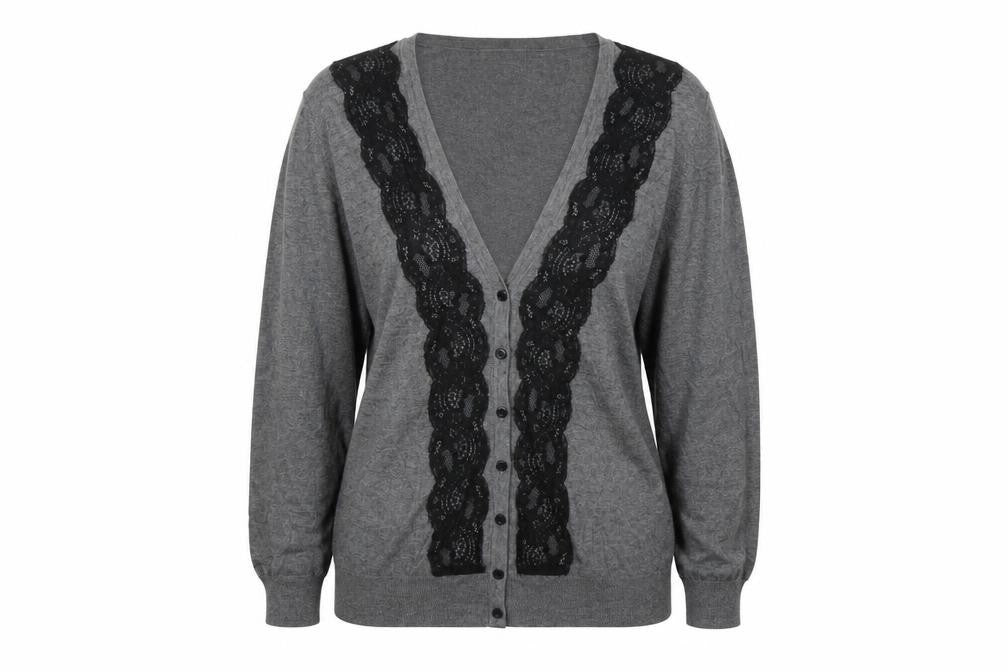 H&M Womens Grey V-Neck Modal Cardigan Jumper Size M - Lace Trim