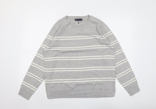 Marks and Spencer Womens Grey Round Neck Striped Acrylic Pullover Jumper Size 16