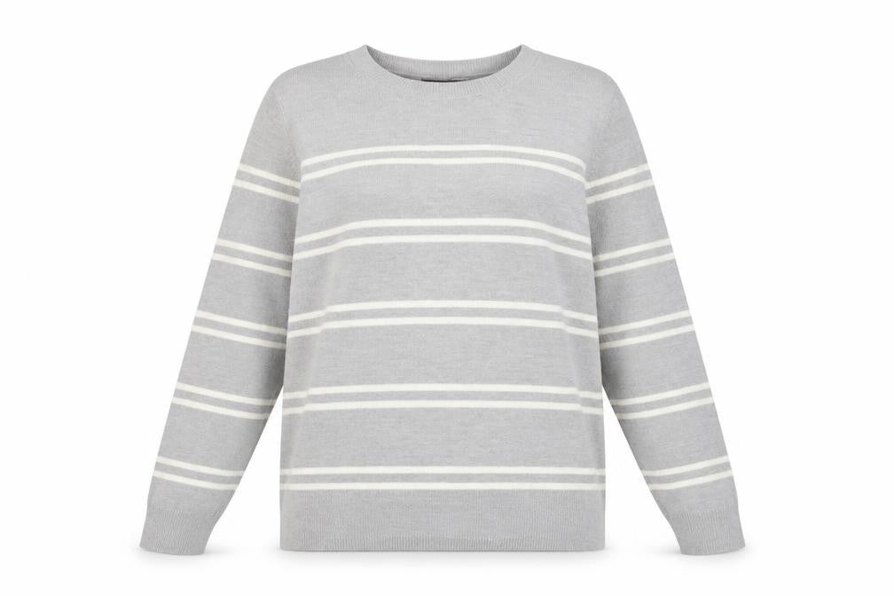 Marks & Spencer Womens Grey Round Neck Striped Acrylic Pullover Jumper Size 16