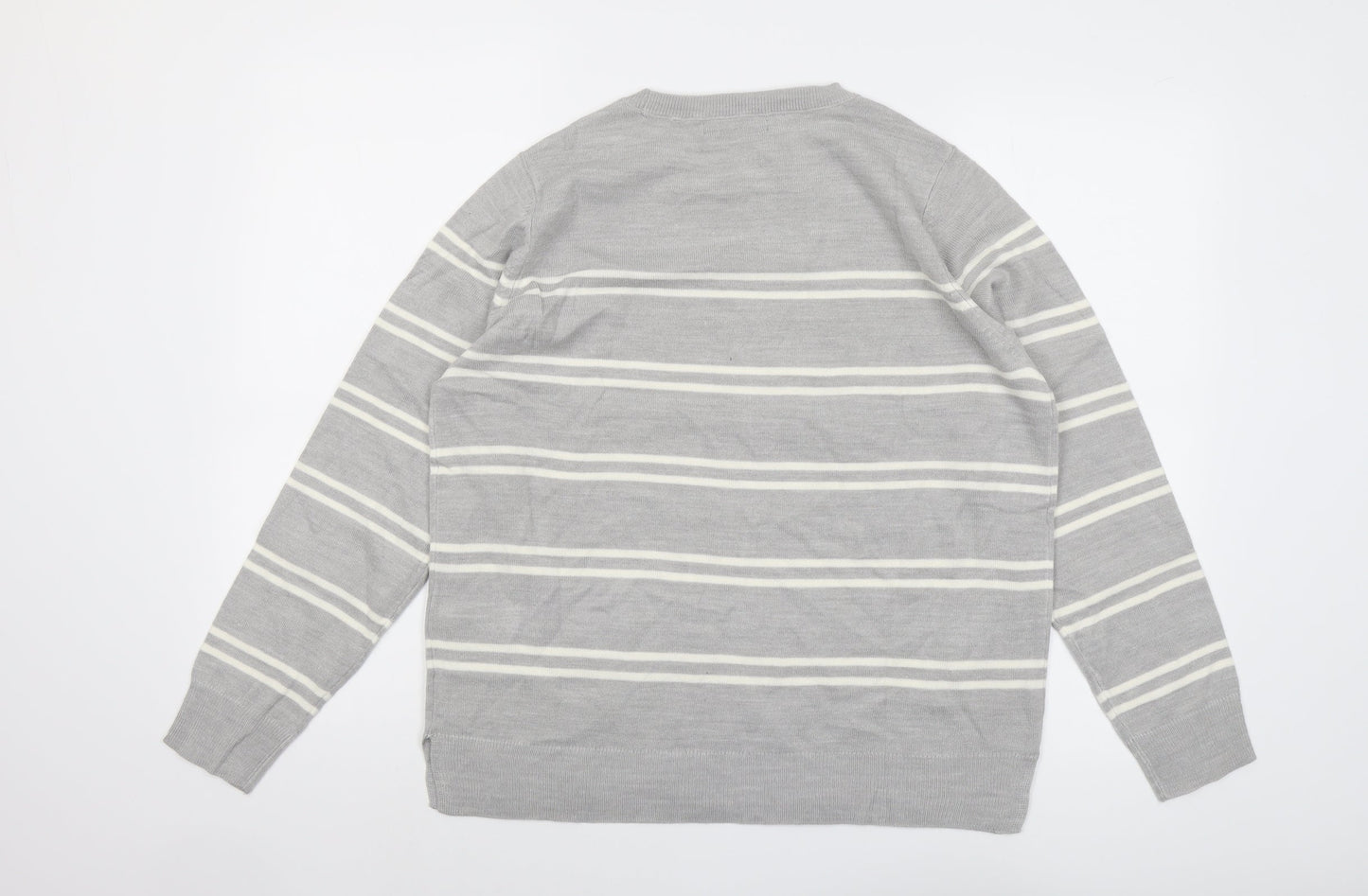 Marks and Spencer Womens Grey Round Neck Striped Acrylic Pullover Jumper Size 16